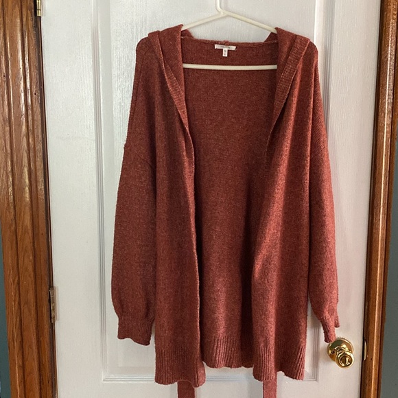 Maurices hooded open front cardigan with belt, burnt orange, large, EUC - Picture 3 of 7